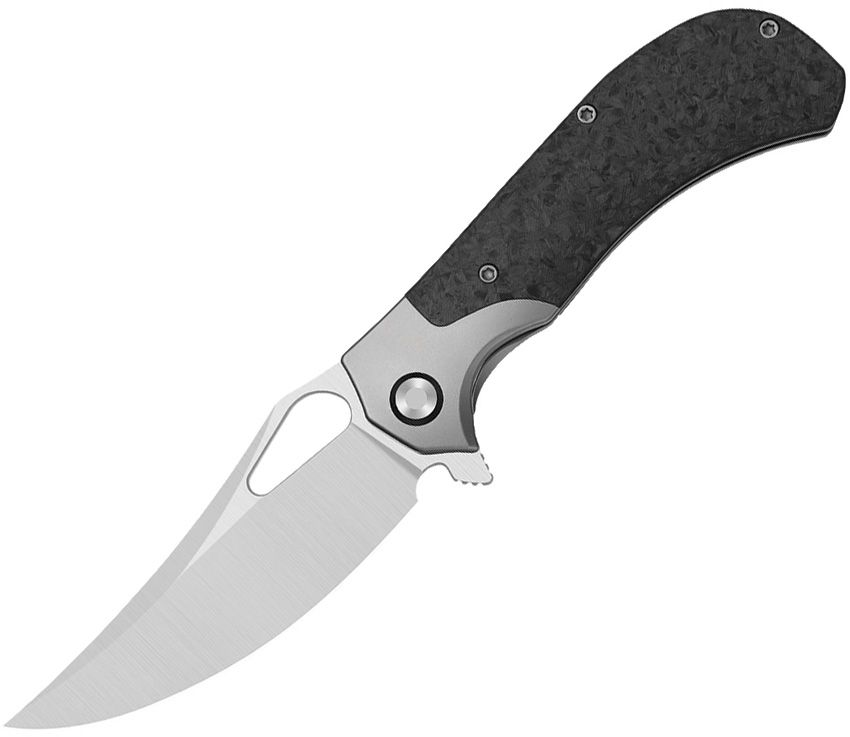 KI3734A2: Kizer Cyclone framelock, gray titanium handle with shredded carbon fiber inlay, 3.63" satin S35VN trailing point blade