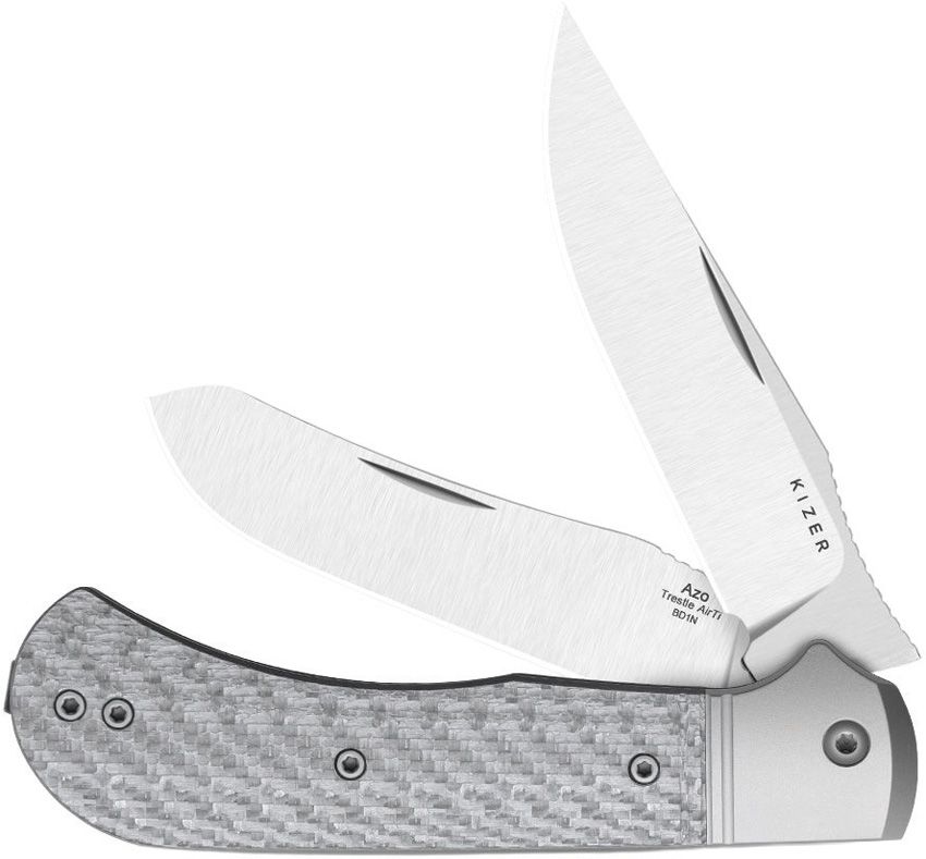 Kizer Trestle TP AirTi two-blade slip joint pocket knife with satin CTS-BD1 blades and silver CF inlay (KI3761TPA1)