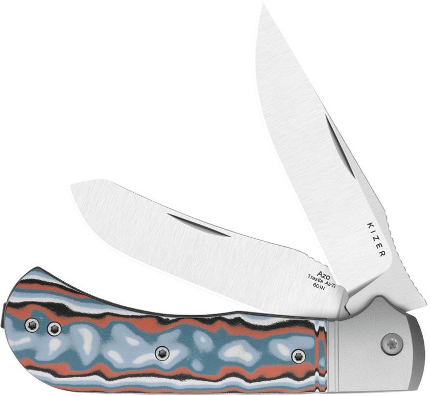 Kizer Trestle TP AirTi two-blade slip joint pocket knife with satin CTS-BD1 blades and Vortex micarta inlay (KI3761TPA4)