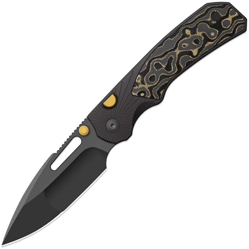 Kizer Durandal button linerlock folding knife with gray PVD S35VN blade and gold camo carbon fiber inlay handle (KI3765BD2)