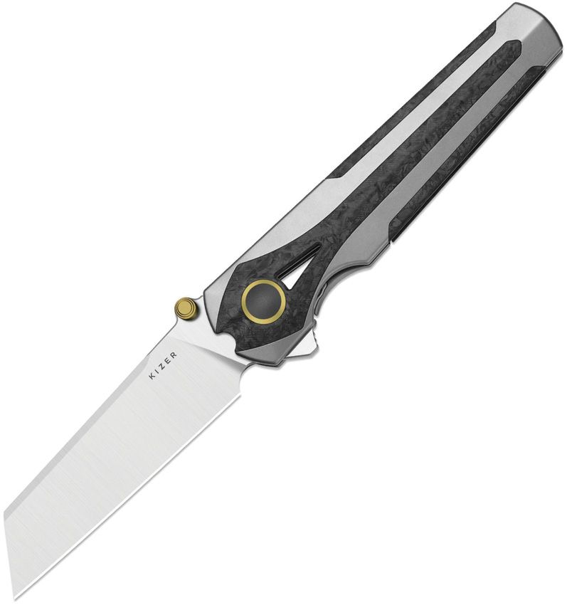 KI3795A2: Kizer Staff framelock, gray titanium handle with carbon fiber inlay, 3" satin S45VN reverse tanto blade