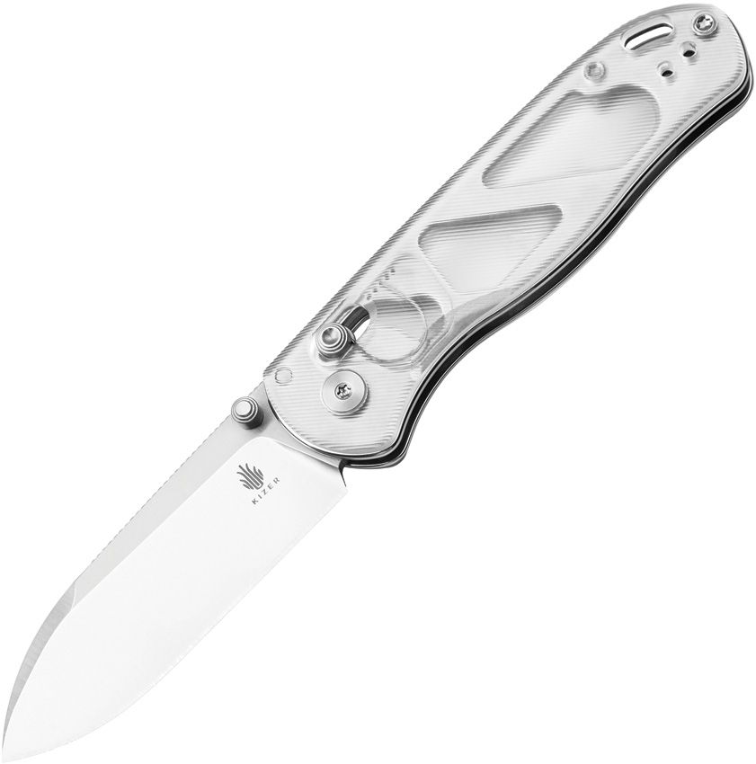 KIV3619A1: Kizer Drop Bear clutch lock, clear acrylic handle, 3" satin Nitro V blade
