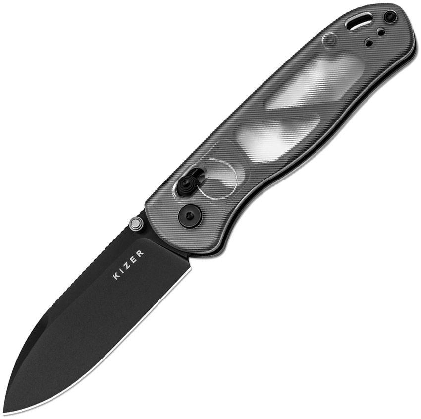KIV3619A9: Kizer Drop Bear clutch lock, clear acrylic handle, 3" black Nitro V drop point blade