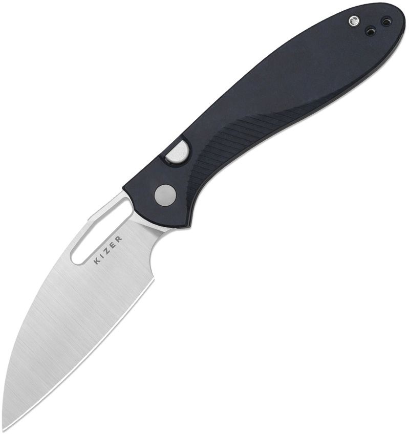 KIV3697A1: Kizer Masu button linerlock, Blue Canyon Richlite handle, 3.38" satin 14C28N drop point blade