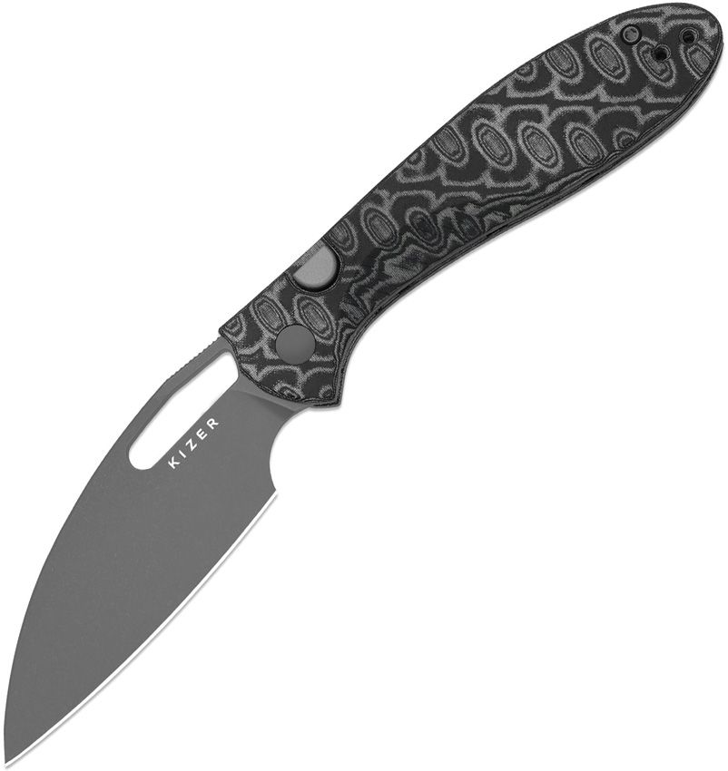 KIV3697A2: Kizer Masu button linerlock, Vortex micarta handle, 3.38" gray PVD 14C28N drop point blade