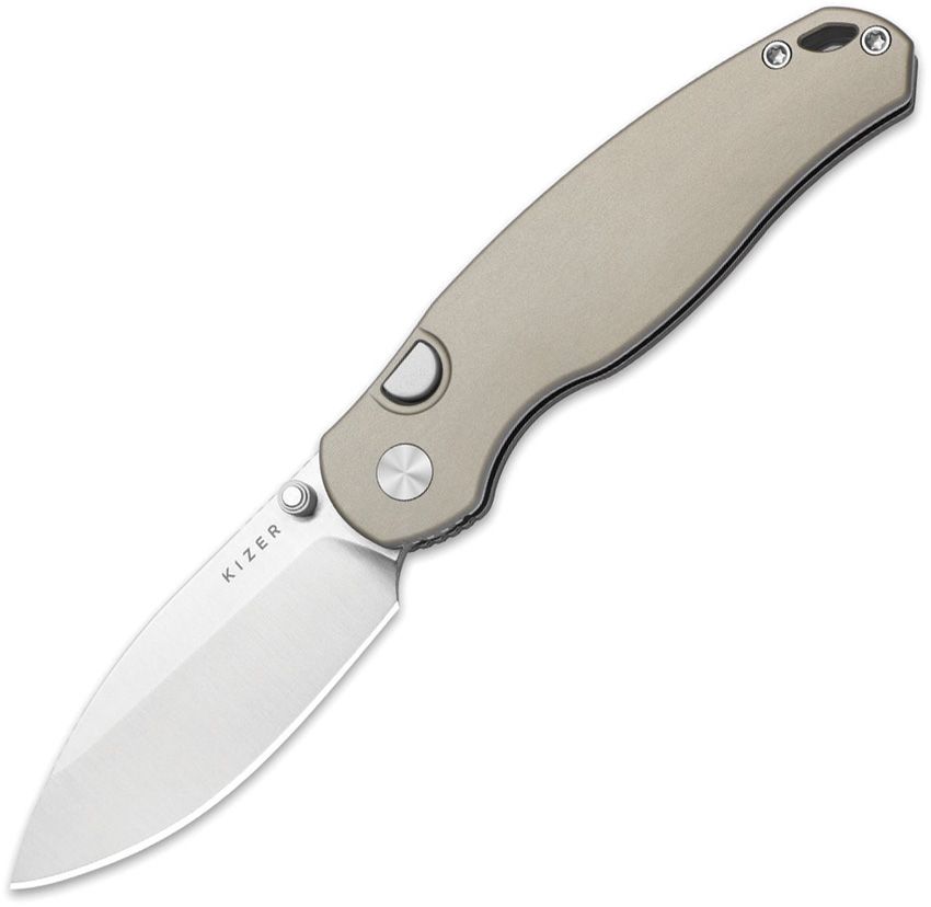 KIV3781BDA2: Kizer Phoca BD button linerlock, gray aluminum handle, 3" satin 14C28N drop point blade