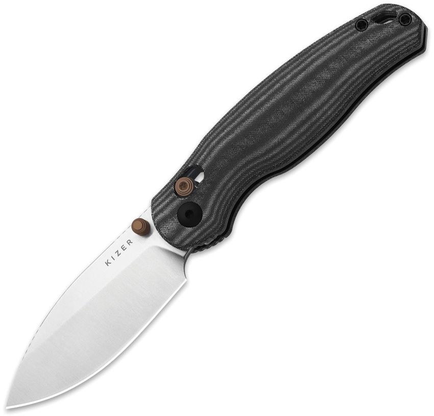 KIV3781CDA1: Kizer Phoca CD clutch lock, black Norplex UltreX micarta handle, 3" satin 14C28N drop point blade