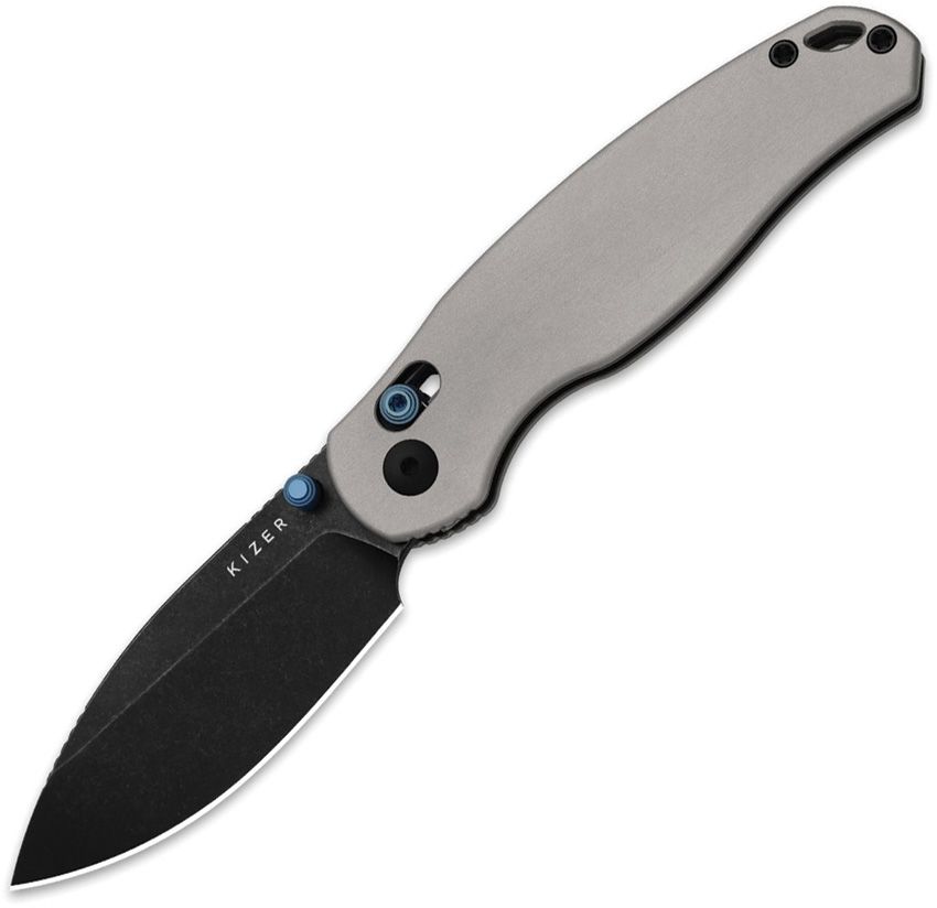 KIV3781CDA2: Kizer Phoca CD clutch lock, gray aluminum handle, 3" black stonewash 14C28N drop point blade