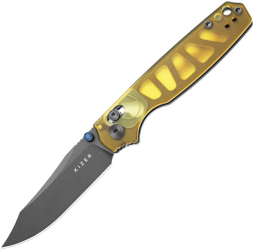KIV3789A3: Kizer Pokiman clutch lock, amber PEI handle, 3.25" gray stonewash AEB-L clip point blade