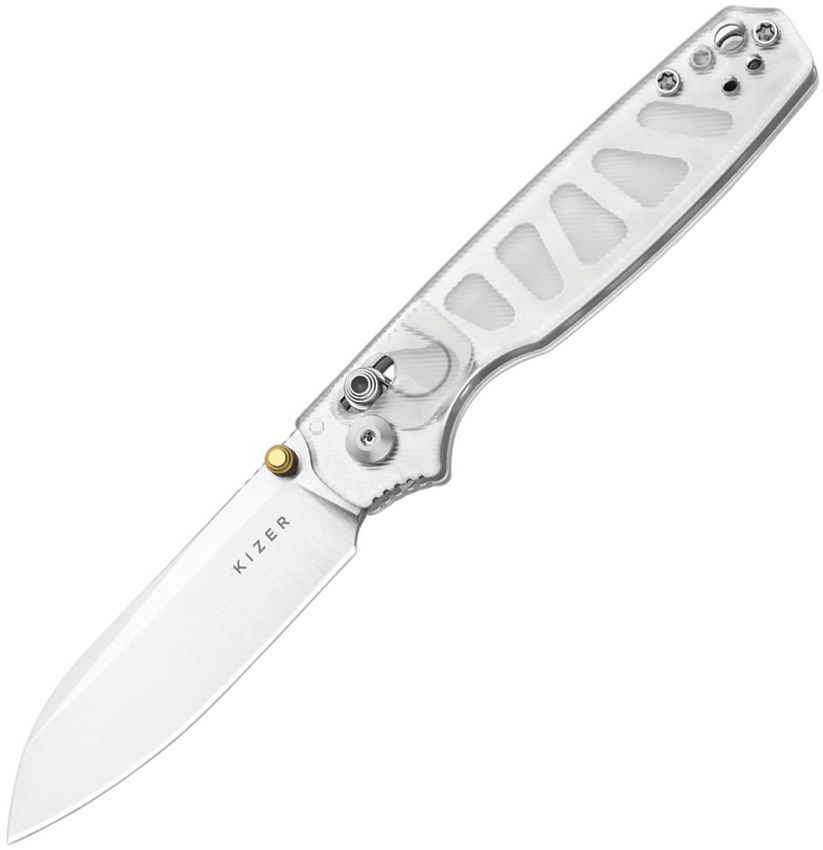 KIV3789A5: Kizer Pokiman clutch lock, clear acrylic handle, 3.25" satin AEB-L sheepsfoot blade