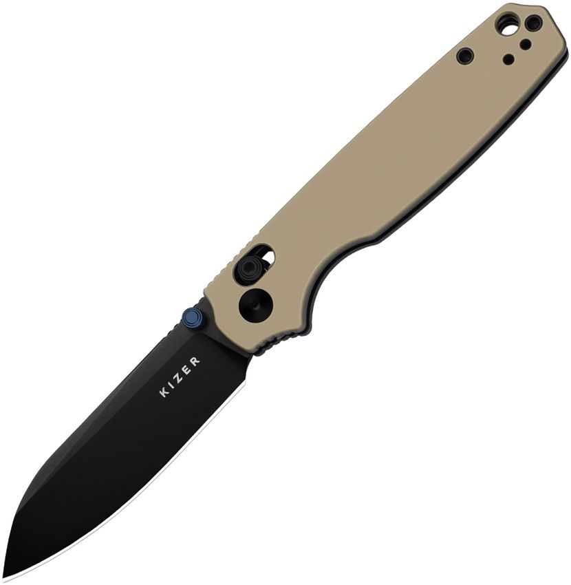 KIV3789A6: Kizer Pokiman clutch lock, tan aluminum handle, 3.25" black PVD AEB-L sheepsfoot blade