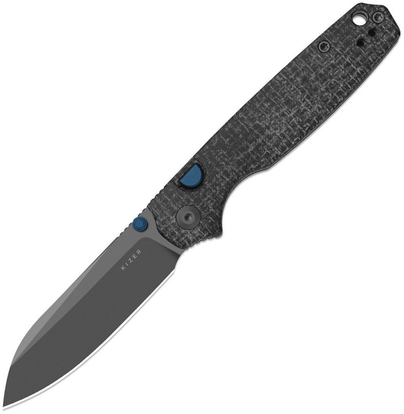 KIV3789BSA1: Kizer Pokiman button linerlock, gray micarta handle, 3.13" gray PVD AEB-L sheepsfoot blade