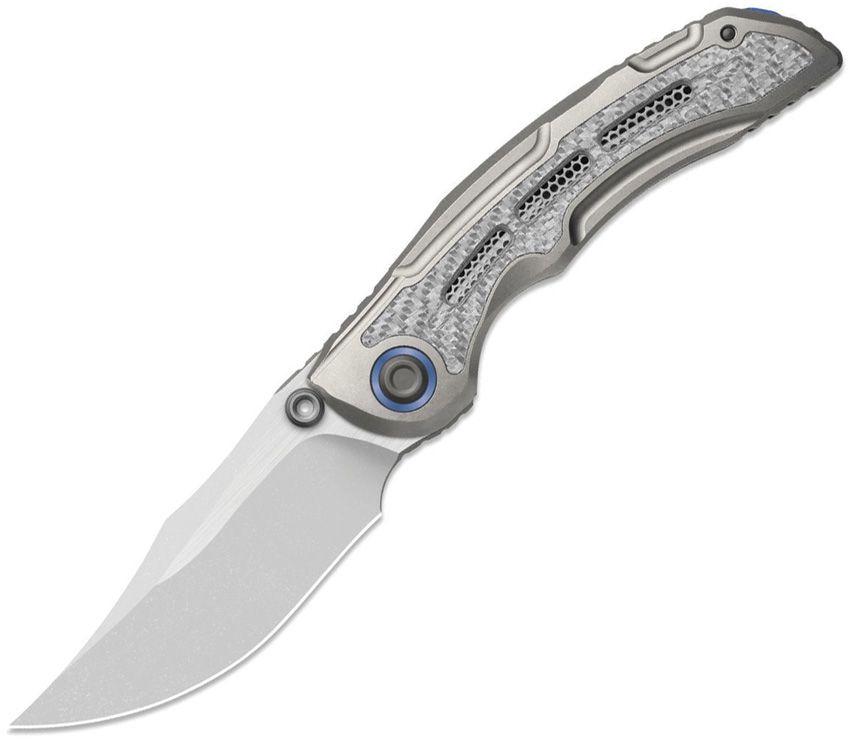 Kizer Silver Wing-Lite framelock folding knife with stonewash S45VN bowie blade and titanium silver CF handle (KIZXFK09A2)