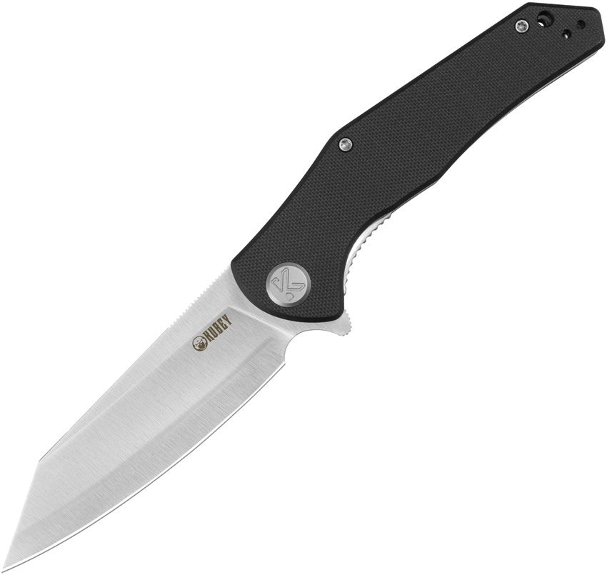 KUB158O: Kubey Flash linerlock, black G10 handle, 3.75" satin San Mai M2 reverse tanto blade