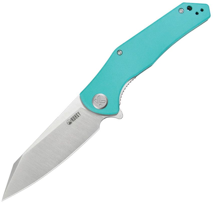 KUB158T: Kubey Flash linerlock, Tiffany blue G10 handle, 3.75" satin 14C28N reverse tanto blade