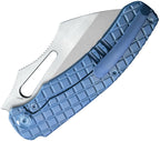 Kubey Sylow Framelock Blue Ti folding knife with satin blade and blue titanium handle, open position.