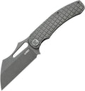 Kubey Sylow Framelock Dark SW folding knife with stonewashed blade and textured gray handle, open position.