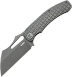 Kubey Sylow Framelock Dark SW folding knife with stonewashed blade and textured gray handle, open position.