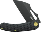Kubey Sylow Framelock black coated blade with black textured handle and brass pivot, displayed open.