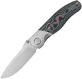 Kubey Velvet Snake Framelock with satin blade and black, green, and pink patterned handle, angled view.