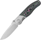 Kubey Velvet Snake Framelock with satin blade and black, green, and pink patterned handle, angled view.