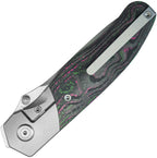 Kubey Velvet Snake Framelock with satin blade and black handle with purple and green accents, angled view.