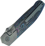 Kubey Velvet Snake Framelock with stonewashed blade and blue patterned handle, angled view.