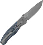 Kubey Velvet Snake framelock with gray stonewashed blade and blue patterned handle, displayed open.