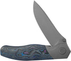 Kubey Velvet Snake Framelock with satin gray blade and patterned blue handle with purple accents, displayed open.