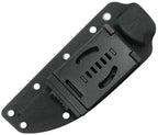 Kubey Eskoria fixed blade knife with black coated blade and black handle in sheath, overhead view.