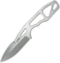 Kubey TAG Hydra fixed blade knife with satin gray blade and gray handle with cutout design, angled view.