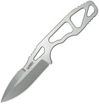 Kubey TAG Hydra fixed blade knife with satin gray blade and gray handle with cutout design, angled view.