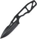 Kubey TAG Hydra fixed blade knife with black coated blade and black handle with oval cutouts, displayed at angle.