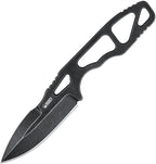 Kubey TAG Hydra fixed blade knife with black coated blade and black handle with oval cutouts, displayed at angle.
