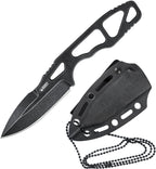 Kubey TAG Hydra fixed blade knife with black coated blade and black handle, shown with sheath and chain.