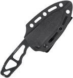 Kubey TAG Hydra fixed blade knife with black coated blade and black textured handle with sheath, angled view.