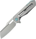 Kubey Atlas Framelock gray titanium folding knife with satin blade and stonewashed handle detail.