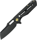 Kubey Atlas Framelock black titanium handle with black coated blade, angled view.