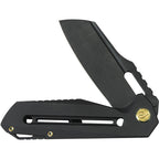 Kubey Atlas Framelock black titanium handle with black coated blade, angled view.