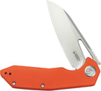 Kubey Vagrant Linerlock orange handle with satin blade, angled view.