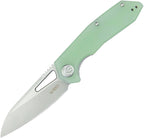 Kubey Vagrant Linerlock folding knife with jade handle and satin blade, angled view.