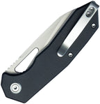 Kubey Vagrant linerlock folding knife with satin blade, black handle, and steel clip displayed at angle.