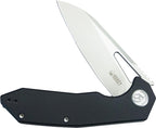 Kubey Vagrant Linerlock with satin blade and black handle, shown open at angle.
