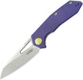 Kubey Vagrant Linerlock purple G10 handle with satin blade, angled view.