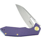 Kubey Vagrant Linerlock purple handle with satin blade and brass pivot, displayed open.