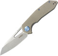 Kubey Vagrant Linerlock tan G10 handle with satin finish blade, angled view.