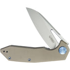 Kubey Vagrant Linerlock tan G10 handle with satin blade, angled view.