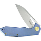 Kubey Vagrant Linerlock blue Micarta handle with satin stainless steel blade, angled view.