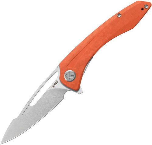 Kubey Merced Linerlock folding knife with orange G10 handle and 14C28N stainless steel blade, open.