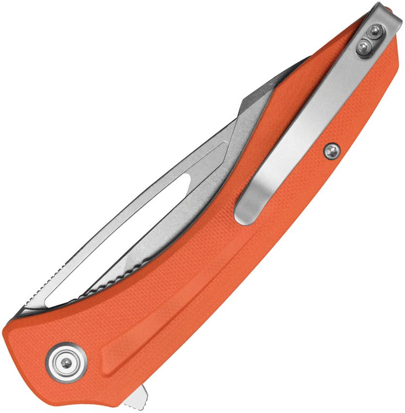 Kubey Merced Linerlock folding knife with orange G10 handle and 14C28N stainless steel blade, closed.